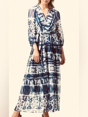 Calvin Klein Tie-Dye Navy and White Wrap Maxi Dress, NWT.